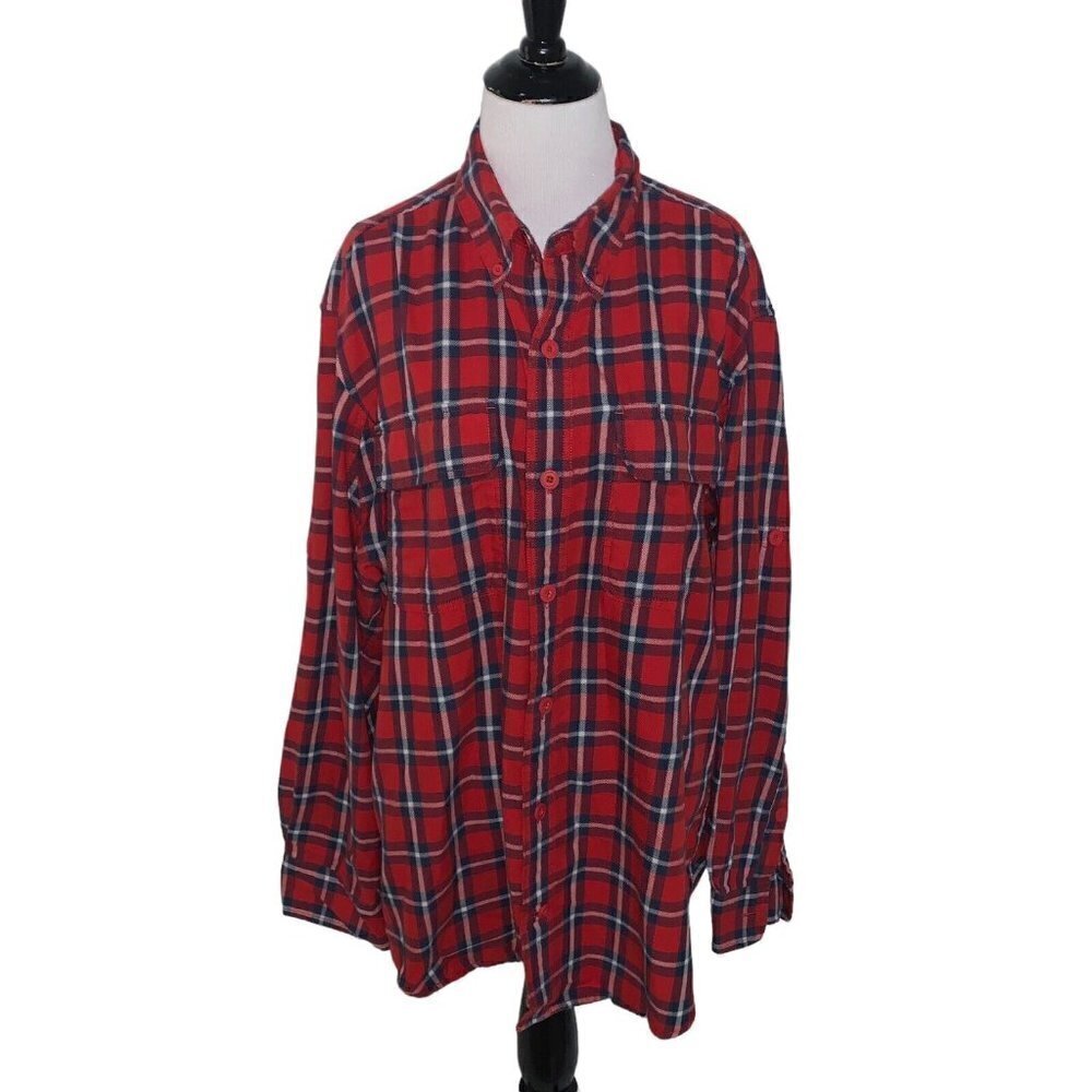 Duluth Trading Company Men's L Large Button Down Shirt Flannel Plaid Pattern Red